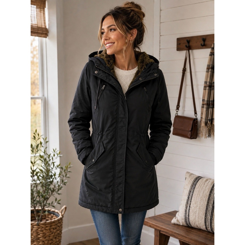 American Eagle AEO Black Fur Faux Hooded Long Parka Jacket Coat Women's size S